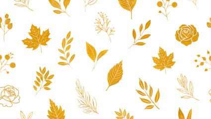 golden botanical seamless pattern elements and flowers isolated on transparent background