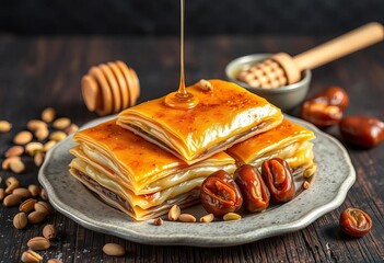 Golden baklava, dates, pistachios, honey on rustic dark background ,   professional photography,   brown