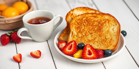 Golden toast, sliced fruit, steaming teacup on white wood,  fruit,   home