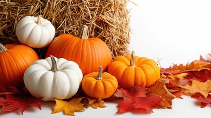 Autumn harvest: orange and white pumpkins on hay with colorful fall leaves