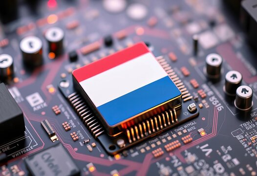 Netherlands flag subtly integrated onto a CPU on a motherboard, patriotic, Netherlands
