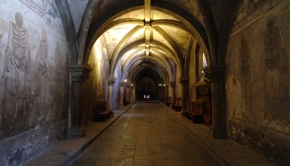 Obraz premium Ancient Vaulted Corridor with Skeleton Murals in a Dimly Lit Historic Crypt