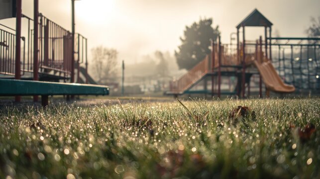 Empty playground on a dewy morning