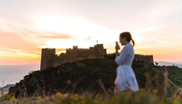 Woman taking photo of ancient castle at sunrise