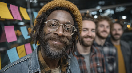 Obraz premium Group of diverse men smiling together in modern office setting, showcasing teamwork and collaboration. background features colorful sticky notes, enhancing creative atmosphere