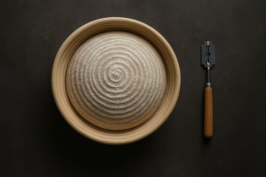 Sourdough proofing in a banneton basket with a bread lame nearby