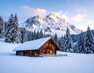 Snowy alpine chalet at dawn