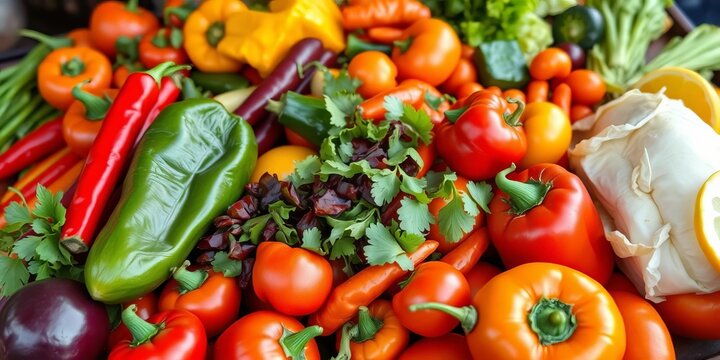 Vibrant array of colorful Mexican vegetables, ready to be cooked,   vegetable photography,  still life