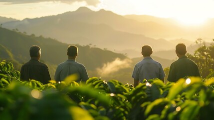 Four people admire a scenic mountain landscape at sunrise