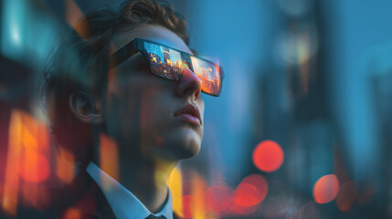Futuristic augmented reality glasses display cityscape reflection technology innovation ar vr concept