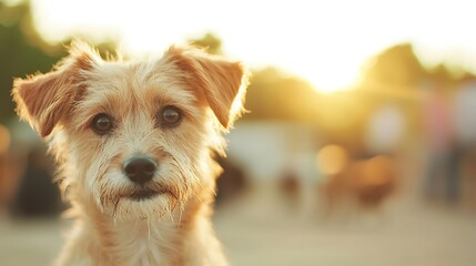 Adorable scruffy terrier mix dog in golden hour sunlight