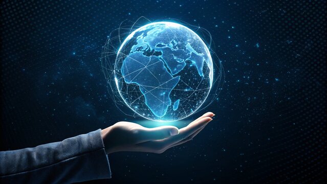 Global network in her hand showcasing connectivity and technological advancement across continents
