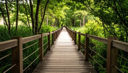 Wooden walkway through lush forest (1)