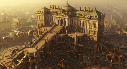 A historic city with classical European architecture, captured in a warm golden light.