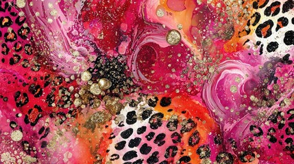 Abstract fluid art with leopard print, vibrant pink, red, orange hues and gold glitter, ideal for wallpaper, showcasing bold pattern, colorful texture and luxurious design.