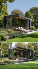 Modern, dark-gray garden pavilion with glass walls, nestled in a lush garden