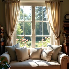  Cozy reading nook with cushions and books, open window to garden, morning glow, dreamy vibe