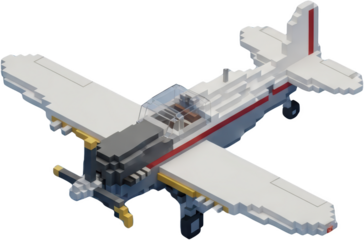 A voxel art airplane white with gray and red accents featuring a clear cockpit and landing gear 3D model