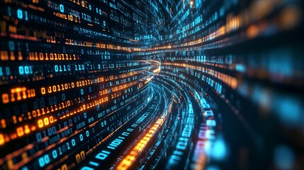 Abstract dynamic digital virtual tunnel of flowing binary code in glowing blue and orange hues. High-speed motion through a futuristic data stream.