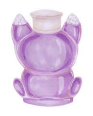 Watercolor illustration of purple shaped bottle in the form of a dog or a bear with a white lid sitting on a white background . Handmade for bath design. dog salons. invitation signs, website design