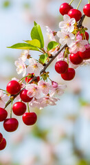Close-up of a cherry tree branch laden with ripe red cherries and delicate white blossoms against a soft, blurred background.