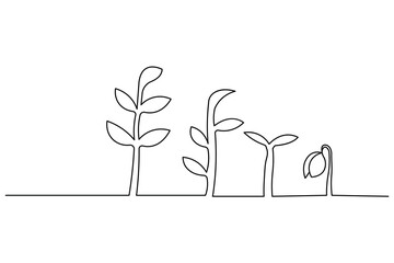 Growth plants continuous one line drawing on white background