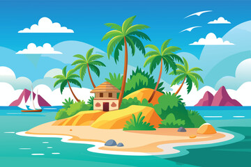 Obraz premium Scenic tropical island with clear waters, palm-fringed hut, sunny skies, and sailboats—great for tourism campaigns, beach retreats, and travel-related content.