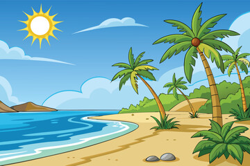 Obraz premium Tropical beach illustration with vivid sea, palm trees, and sunny sky—perfect for travel ads, summer campaigns, wellness visuals, and exotic coastal themes.