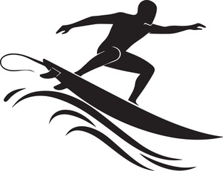 Silhouette of a Surfer Riding a Wave with Water Splashes Keywords: surfer, surfing, wave, ocean, sea, water, sport, extreme sport, silhouette, black and white, vector, illustration, action