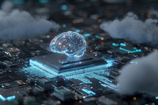 A digital brain sits atop a complex circuit board, surrounded by ethereal clouds