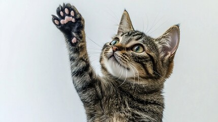 Close - up of cat, paw raised, white background, for pet theme, cute pet design and animal - related creativity