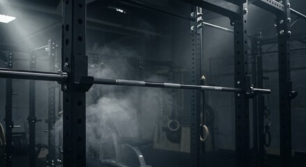 Power Rack with Safety Bars Under Harsh Spotlight in Professional Gym