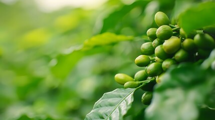 Fototapeta premium Unripe green coffee beans growing on a branch