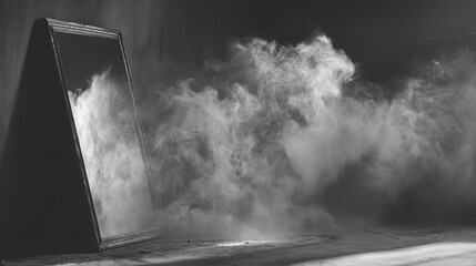 Old Mirror In A Smoky Room In Black And White