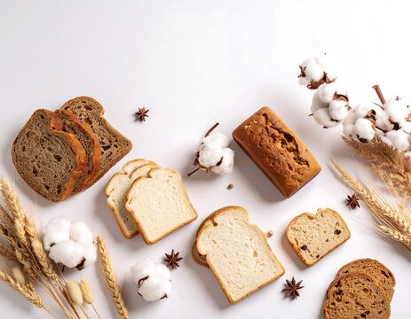 Variety of sliced breads, arranged artistically on a white background with decorative elements