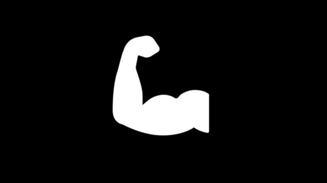 muscle icon animation on black background. A strong man hand icon sign. Fit fitness strength concept. Muscle animation. Symbol of strength and human body power. 4K Video motion graphic animation. 
