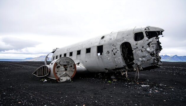 Wreckage of a plane on black sand