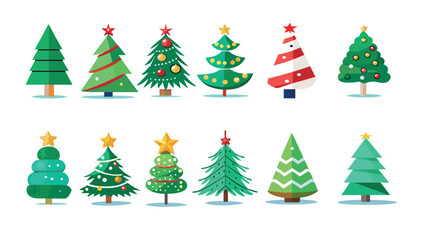 A vector illustration of a festive set of Christmas trees adorned with stars, ornaments, Christmas trees set isolated on white background. Colorful winter trees collection for holiday xmas.