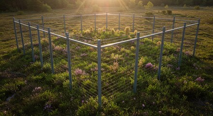 Obraz premium Square Metal Fence Enclosing Wildflowers at Sunrise