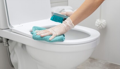 Close-up of gloved hands cleaning a white toilet with a teal cloth and brush.