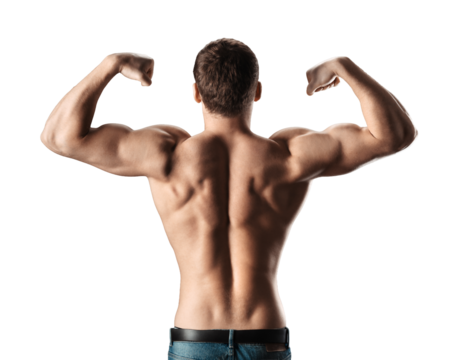 Muscular Man Flexing Back Muscles on Transparent Background