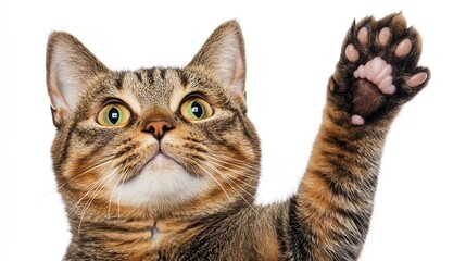 Close - up of cat, paw raised, white background, for pet theme, cute pet design and animal - related creativity