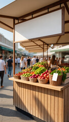 A farmers' market stall with a blank signboard mockup. Baskets are filled with fresh apples, tomatoes, and other colorful produce, ready to be sold to a blurred crowd of shoppers in the background.

