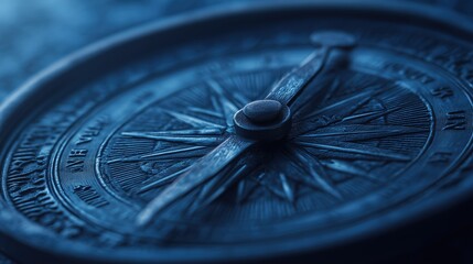 Detailed close-up of antique compass pointing north in blue tones against dark blurred background, symbolizing navigation, exploration and vintage travel concepts with isolated focus and metallic text