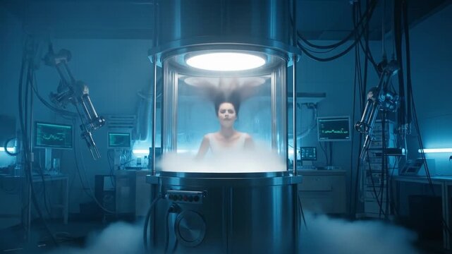 Cryogenic Chamber: Woman Suspended in Futuristic Science Lab