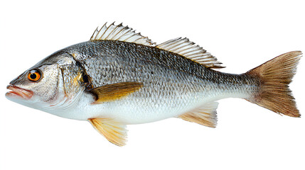 Fototapeta premium A single grey and white fish with orange fins isolated on white background