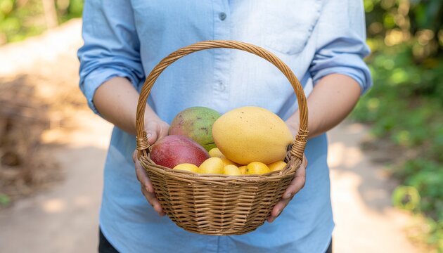 Hands holding a wicker basket filled with fresh, ripe tropical mangoes and kumquats. - Powered by Adobe