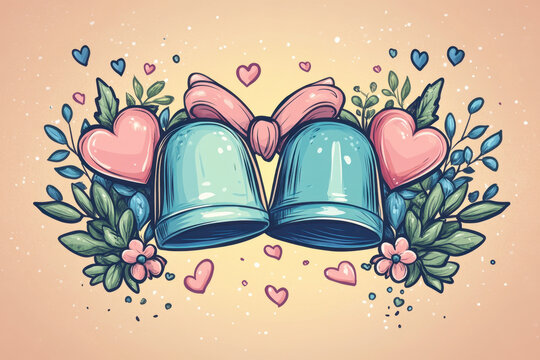 bells with hearts and leaves on pink background.
