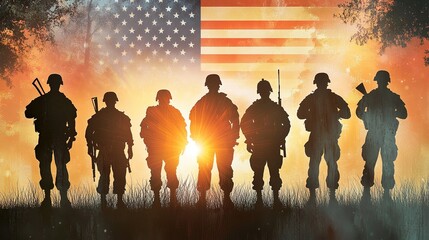 Silhouette of American flag and soldiers against sunset, for patriotic promotion and military - related designs