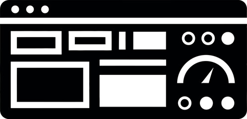 Vector art of black and white icon representing a dashboard with gauges and data displays, symbolizing analytics and system monitoring isolated on white background transparent background